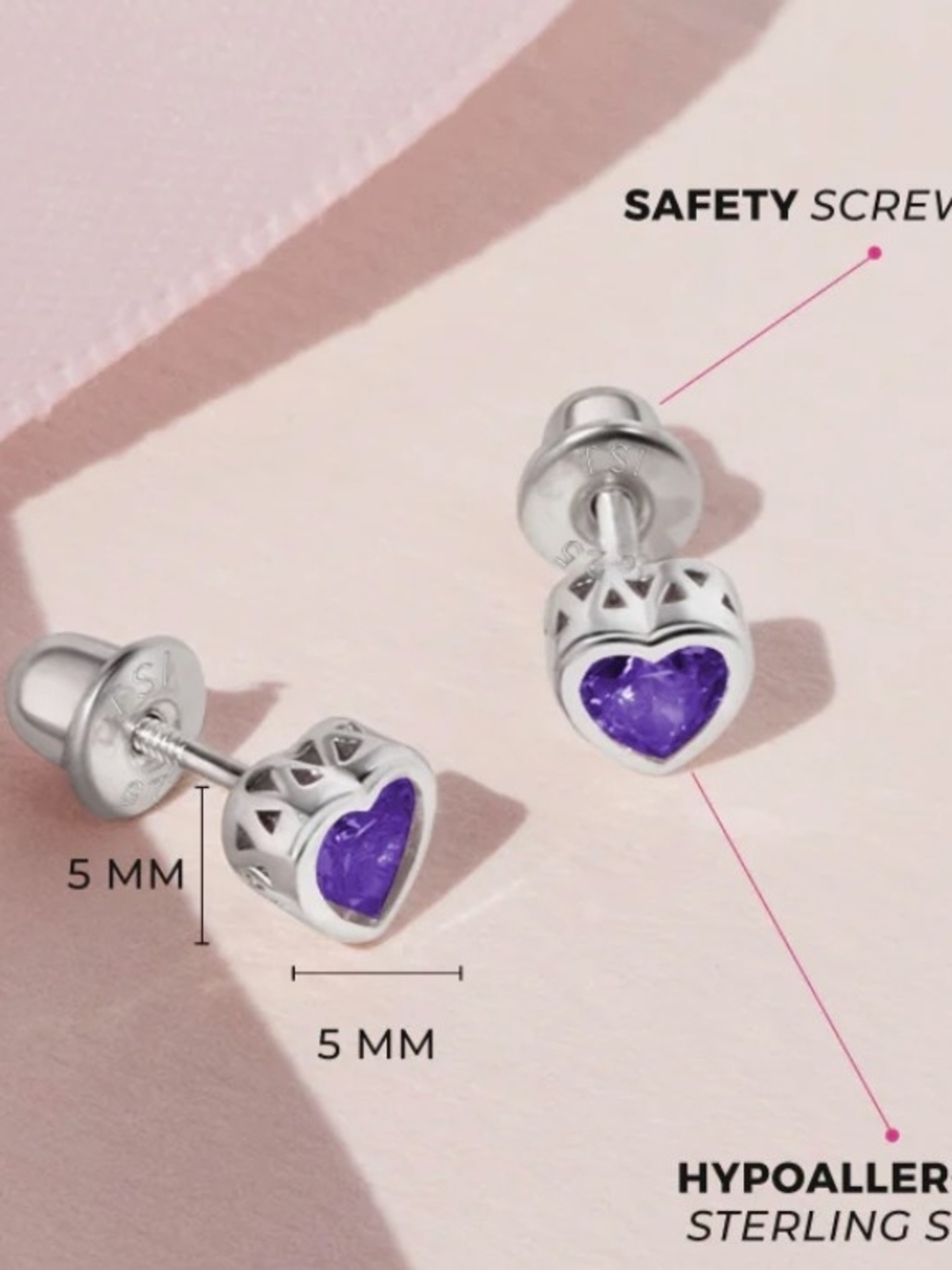 Sterling Silver Heart Stud Earrings with Purple Gemstone - Kids